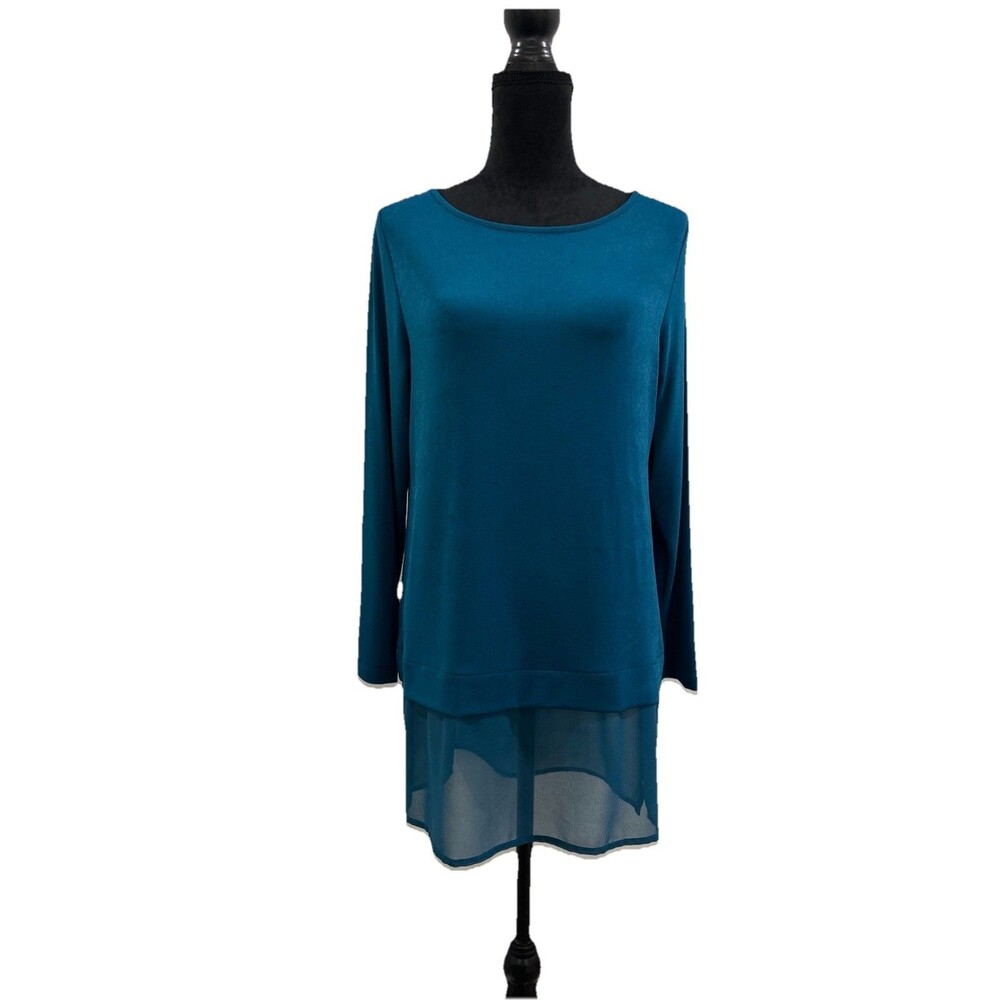 Chicos Size 1 Womens Medium Top Teal Travelers Chiffon Hem Tunic Pullover